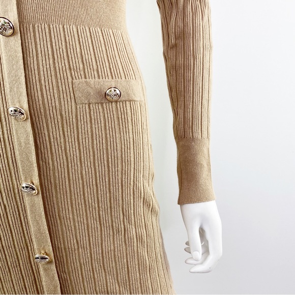NEW Lipsy London Beige Ribbed Knit Long Sleeve Button Front Sweater Dress Size 8 - Picture 6 of 9